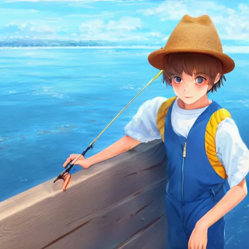Prompt: a beautiful portrait of a young boy with short brown hair wearing a sun hat while fishing in the ocean from a dock, wearing a blue jumpsuit and fishing vest, high detailed, anime style, pixiv, artstation, Bukurote and krenz cushart and Ryota-H