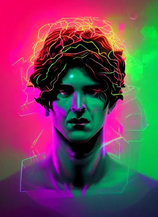 Image similar to portrait of dionysus, beeple, vaporwave, retrowave, black background, neon wiring, black, glitch, strong contrast, cuts, pinterest, trending on artstation