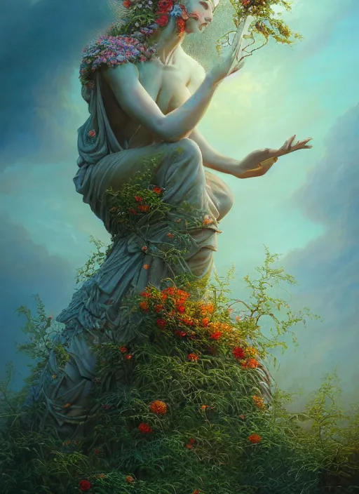 Image similar to statue of a long forgotten deity with flowers sprouting out of it, serene, in the style of tomasz alen kopera and fenghua zhong and peter mohrbacher, mystical colors, rim light, beautiful lighting, 8 k, stunning scene, raytracing, octane, trending on artstation