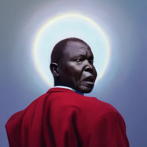 Image similar to a painting of a XXL wise elder from Kenya in a suit by Kehinde Wiley . dramatic angle, ethereal lights, details, smooth, sharp focus, illustration, realistic, cinematic, artstation, award winning, rgb , unreal engine, octane render, cinematic light, macro, depth of field, blur, red light and clouds from the back, highly detailed epic cinematic concept art CG render made in Maya, Blender and Photoshop, octane render, excellent composition, dynamic dramatic cinematic lighting, aesthetic, very inspirational, arthouse.