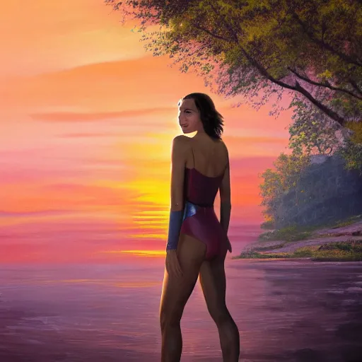 Prompt: Photo the beautiful woman Gal Gadot, she is posing, she is walking on a river, she is getting ulluminated by the rays of the sunset, the photo was taking by Steve McCurry, matte painting, oil painting, naturalism, 4k, 8k