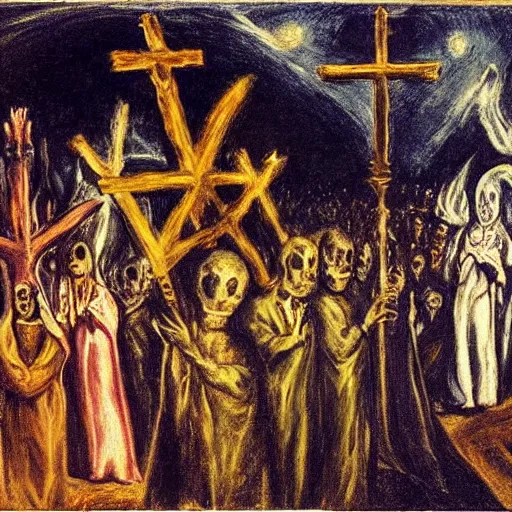 Image similar to A Holy Week procession of souls in a Spanish landscape at night. A figure at the front holds a cross. El Greco, Remedios Varo y Salvador Dali.