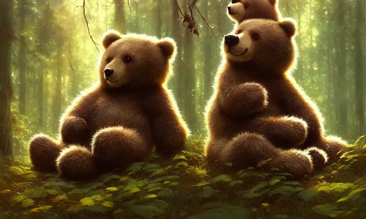 Image similar to cute cartoon bear in forest, sharp focus, illustration, highly detailed, digital painting, concept art, matte, art by wlop and artgerm and greg rutkowski and alphonse mucha, masterpiece