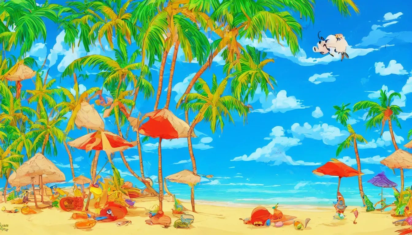 Image similar to a tropical beach scene, Disney cartoon, animation, high detail, colorful