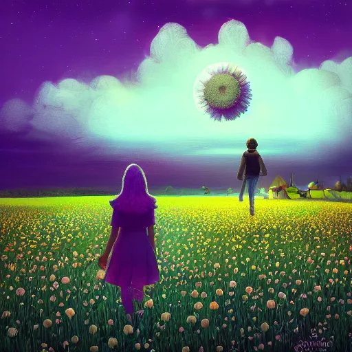 Image similar to giant daisy flower as a head, girl walking in flower field, surreal photography, moon light, dark night, dramatic, impressionist painting, clouds, digital painting, artstation, simon stalenhag