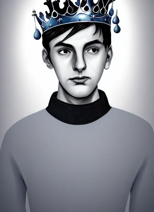 Image similar to portrait of teenage jughead jones wearing a light grey crown, crown, blue turtleneck, 1 9 5 0 s, closed eyes, photorealistic, black hair, glowing lighting, intricate, elegant, glowing lights, highly detailed, digital painting, artstation, concept art, smooth, sharp focus, illustration, art by wlop, mars ravelo and greg rutkowski