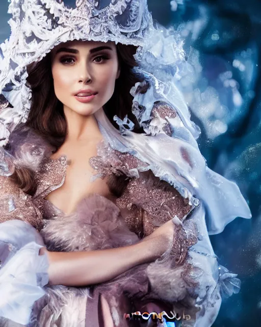 Image similar to Olivia Culpo as milady de winter, styling by Tom Eerebout & Sandra Amador, clear makeup, clean hair, dry skin, clear skin, airbrushed, bright eye makeup, warrior body, photo by mario testino, 8k octane render, cinematic, hyper detailed, micro details, insanely detailed, trending on artstation, concept art