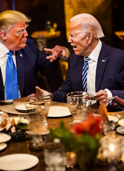 Image similar to Trump and Biden having dinner at a fancy Balinese restaurant, award winning photography, 85mm, perfect faces