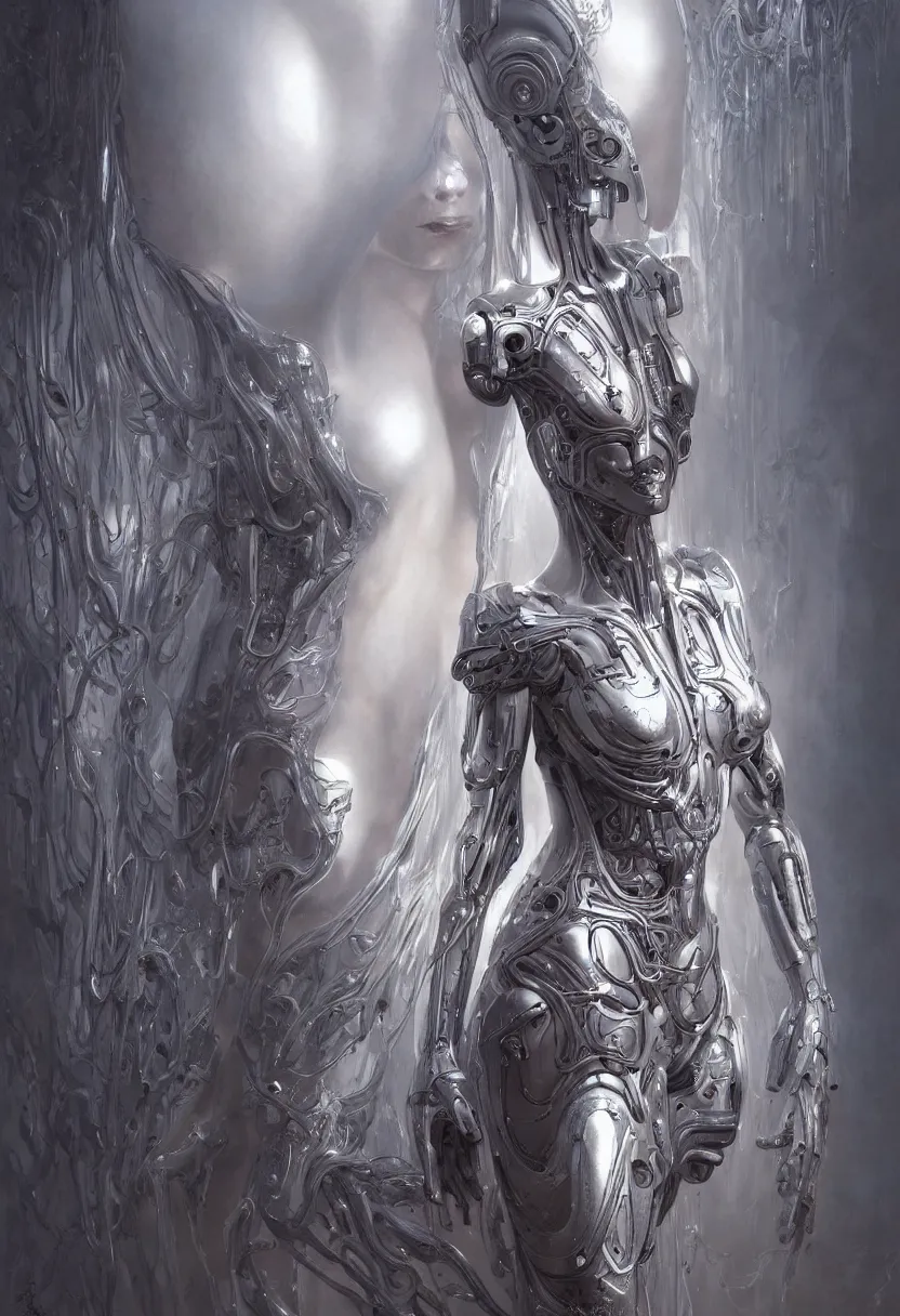 Prompt: beautiful white cyborg goddess, by william - adolphe bouguereaum artgerm and hr giger and zdzislaw beksinski, matte painting, hyperdetailed, symmetry, art nouveau, beautiful render, concept art