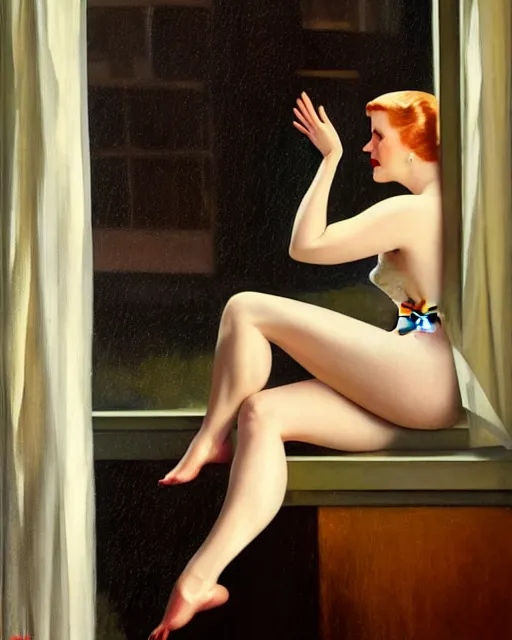 Image similar to photo of amy adams in 1 9 3 0 s penthouse rainy window, oil painting, by enoch bolles, greg rutkowski, edward hopper, artgerm, wlop glossy skin, intricate architectural detail, pearlescent, very coherent, cute