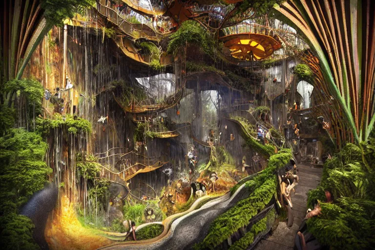 Image similar to favela fungus cathedral coaster hive, art nouveau waterfall environment, industrial factory, terrifying, award winning art, epic dreamlike fantasy landscape, ultra realistic,