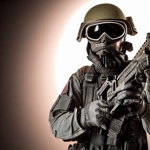 Image similar to portrait of a burning head swat agent with a tactical helmet and goggles holding a machine gun, centered, at night, mid shot, editorial photography