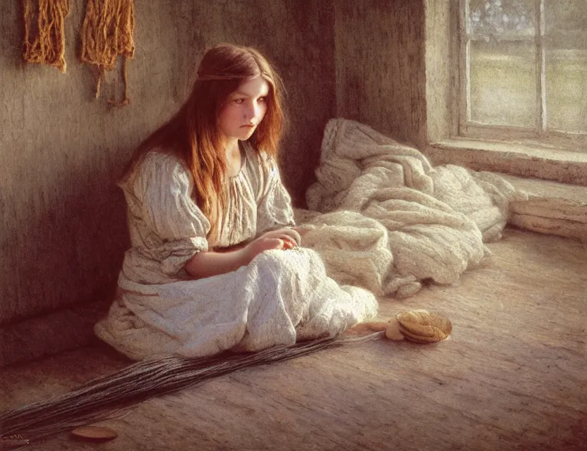 Image similar to peasant girl with long hair yarn knitting, cottage core, cinematic focus, polaroid photo bleached vintage pastel colors high - key lighting, soft lights, foggy, by steve hanks, by lisa yuskavage, by serov valentin, by tarkovsky, 8 k render, detailed, oil on canvas