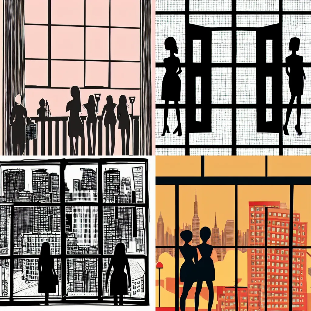 Image similar to View from window on megapolis, silhouette of women who watches to the window, cartoon, 2D