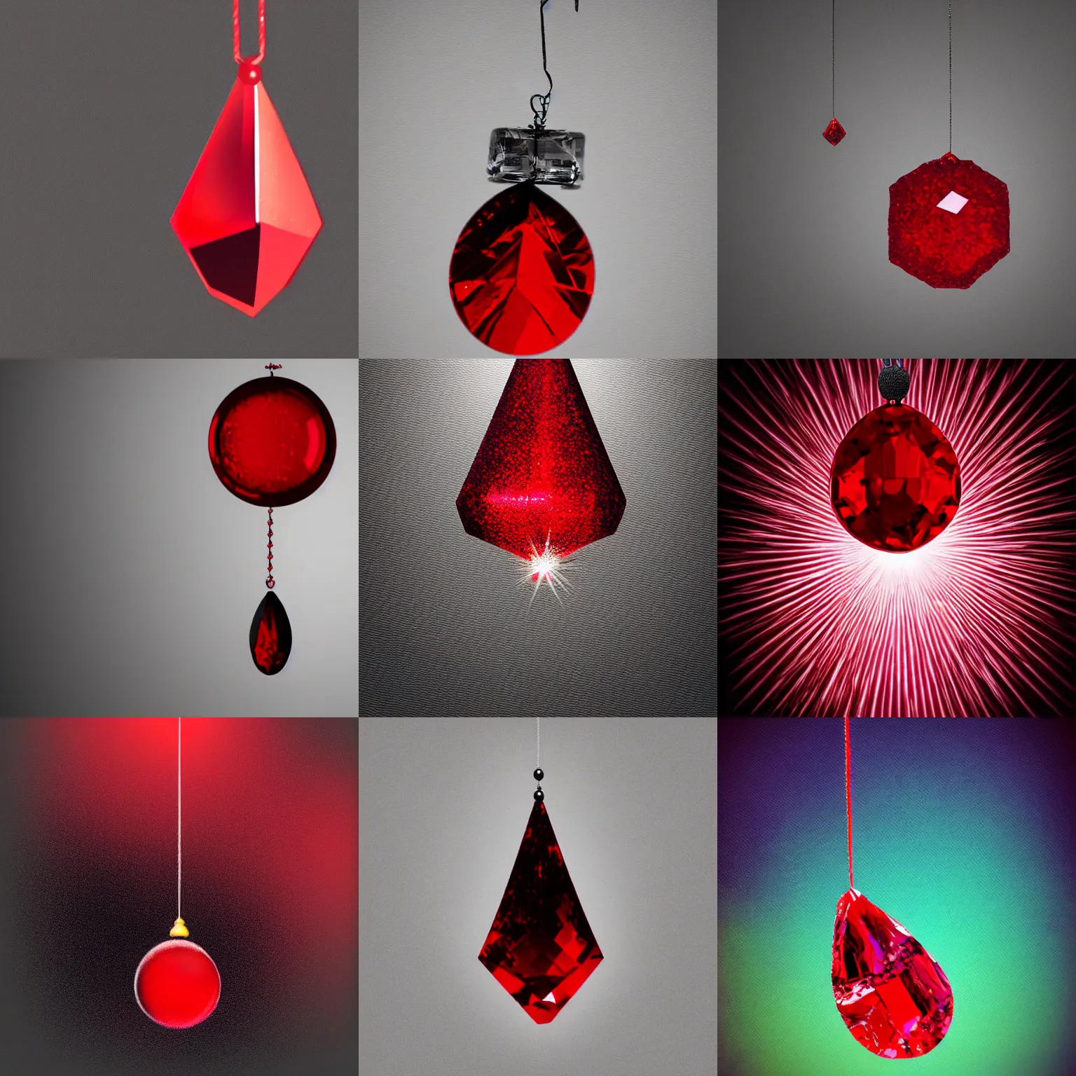 Prompt: a red shimmering crystal hanging on a black thread, dark background, digital art,