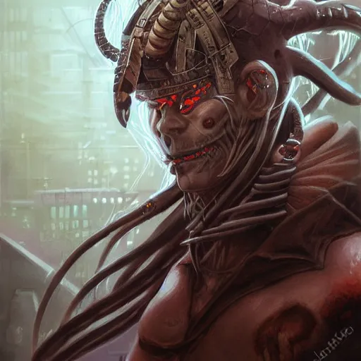 Image similar to portrait, cyberpunk japanese oni demon with horns, stern expression, long hair, highly detailed, digital painting, artstation, concept art, smooth, sharp focus, illustration, artgerm, tomasz alen kopera, peter mohrbacher, donato giancola, joseph christian leyendecker, wlop, frank frazetta