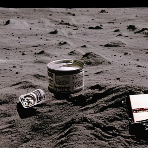 Image similar to photo of a detailed realistic idle regular sized electric guitar and a detailed realistic idle regular sized beer can on the moon surface. realistic. detailed