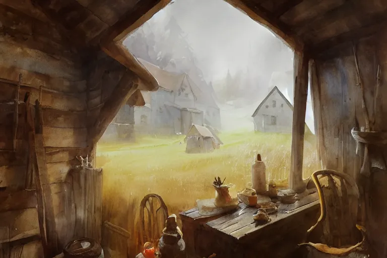 Image similar to paint brush strokes, abstract watercolor painting of rustic village house, interior closeup, medieval straw roof, scandinavian viking age, fog, ambient lighting, art by hans dahl, by jesper ejsing, art by anders zorn, wonderful masterpiece by greg rutkowski, cinematic light, american romanticism by greg manchess, creation by tyler edlin