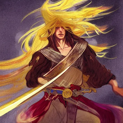 Prompt: a golden swordsman dances on the battlefield, his long hair swirling, fantasy, Mucha, Magic the Gathering, motion blur, dramatic