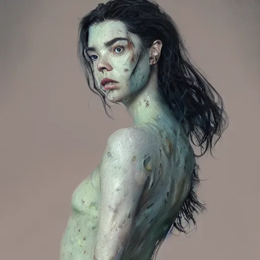 Prompt: expressive oil painting, alien gray - skinned woman based on jennifer connelly mixed with anya taylor - joy, rage, bumpy mottled skin, big black feathered wings instead of arms, body horror, by yoshitaka amano, by greg rutkowski, by jeremy lipkinng, by artgerm, digital art, octane render