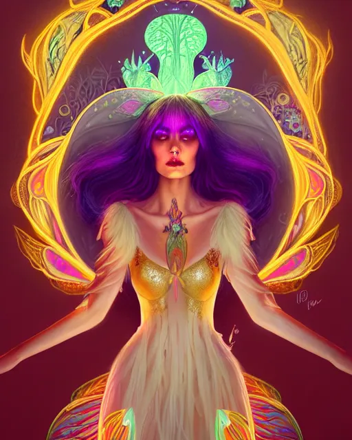 Image similar to portrait, stunningly beautiful female faerie priestess in amanita muscaria forest landscape, symmetrical wings on back, neon hair, wearing a dress of gossamer gold, inner glow, illustration, dramatic lighting, soft details, painting, art nouveau, octane render, 8 k, hd, by brom, faces by otto schmidt