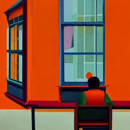 Image similar to A fine art painting of a man wearing Vr goggles dressed in orange overalls (and creating the metaverse at a desk with screens), view from outside looking in through a window on a British street. In the style of Edward Hopper and Wes Anderson