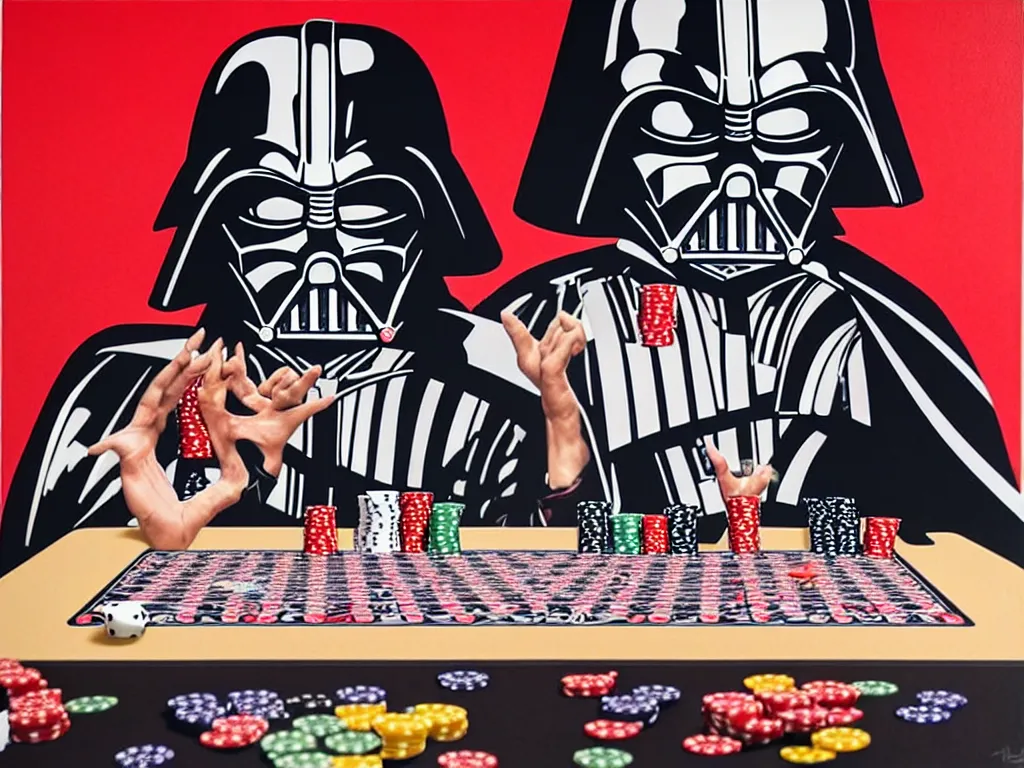 Image similar to hyper - realistic composition of a large room with an extremely detailed poker table in the center, woman in traditional japanese kimono standing nearby, darth vader sitting at the table, fireworks in the background, pop art style, jackie tsai style, andy warhol style, acrylic on canvas, dull palette