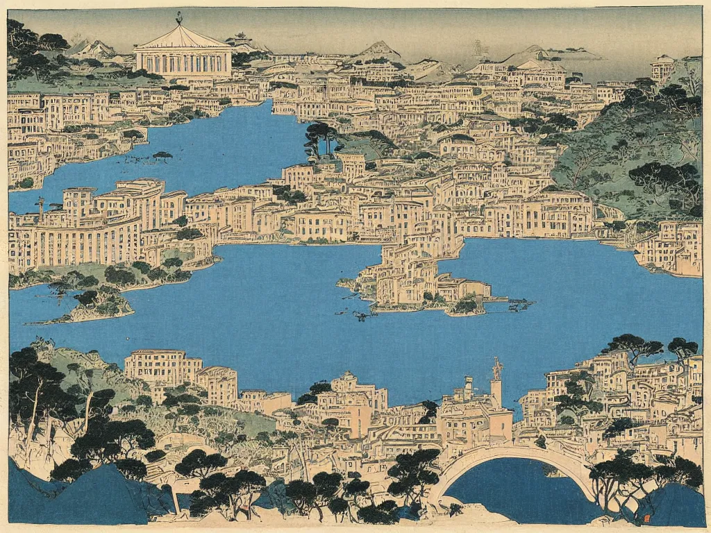 Prompt: View of the old Rome. Artwork by Hiroshige.