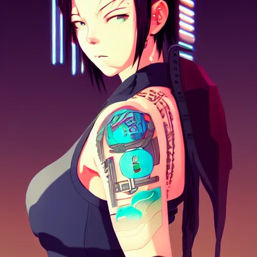 Image similar to portrait of a cyberpunk tattooed barmaid, anime, artstation, anime style, elegant, highly detailed, digital painting, concept art, smooth, sharp focus, illustration, art by studio ghibli, fujita goro, atey ghailan, tom whalen, jean giraud 8 k