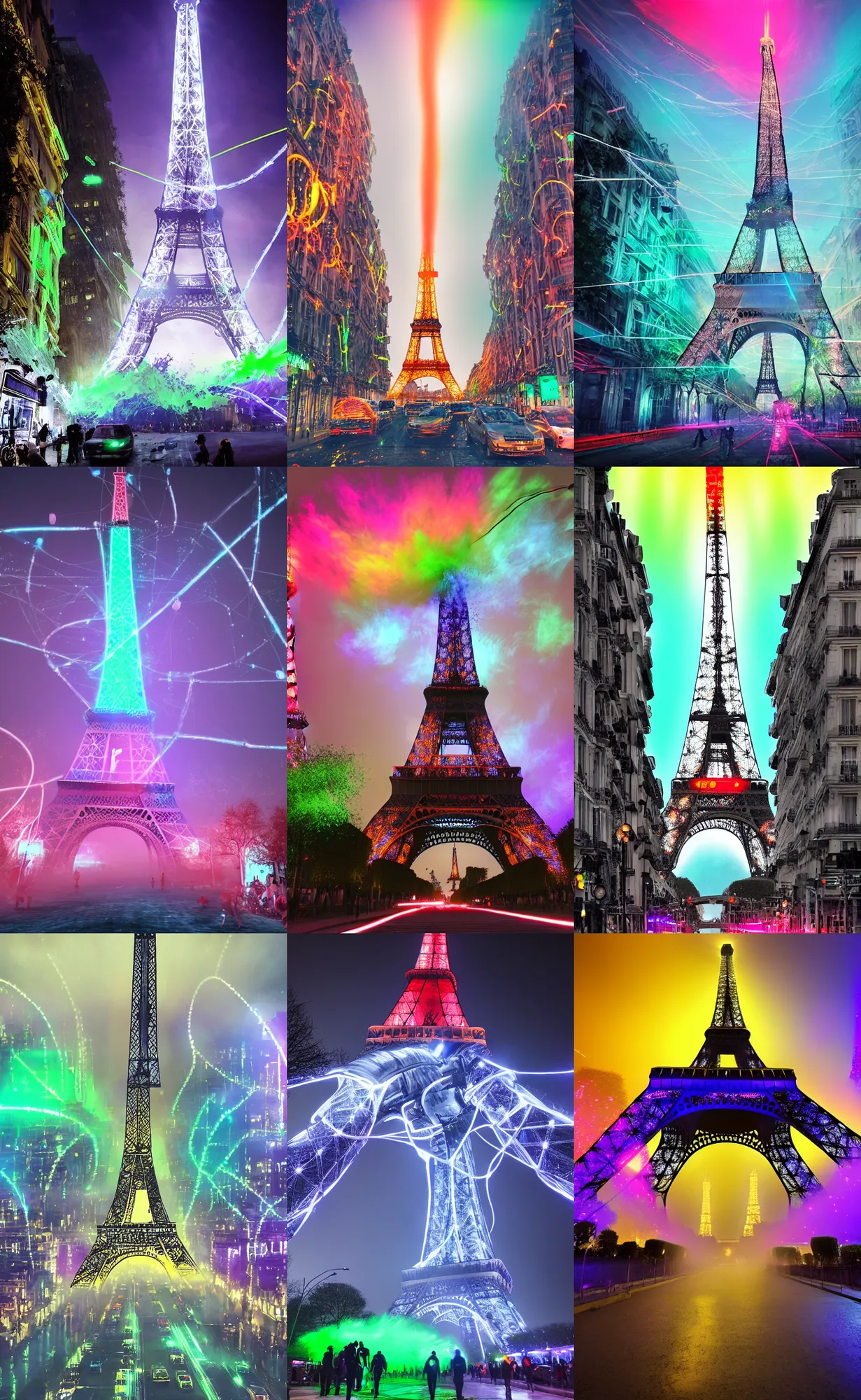 Prompt: giant dna chain attacks and destroys and blows up the eiffel tower in glowing white luminous slime, bright foggy streets with colorful neon signs, running elephants, futuristic, ultra - realistic, landscape, hight detailed, no blur, 8 k