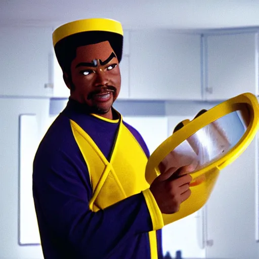 Image similar to Geordi LaForge wearing visor and a colander and random kitchen tools on his head