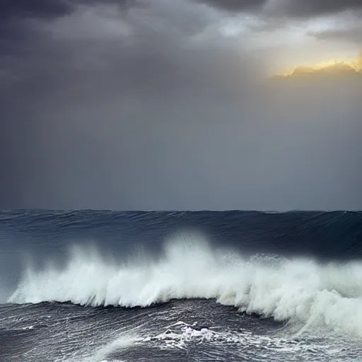 Image similar to a lion's face breaching through a wave, stormy weather