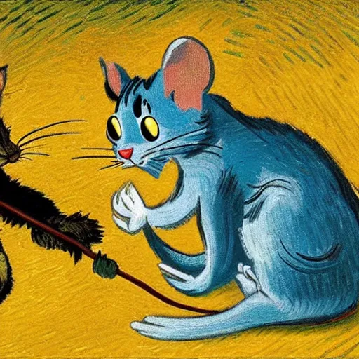 Image similar to tom and jerry in a van gogh painting, 4 k, hyper realistic, dslr, high resolution, landscape, beautiful