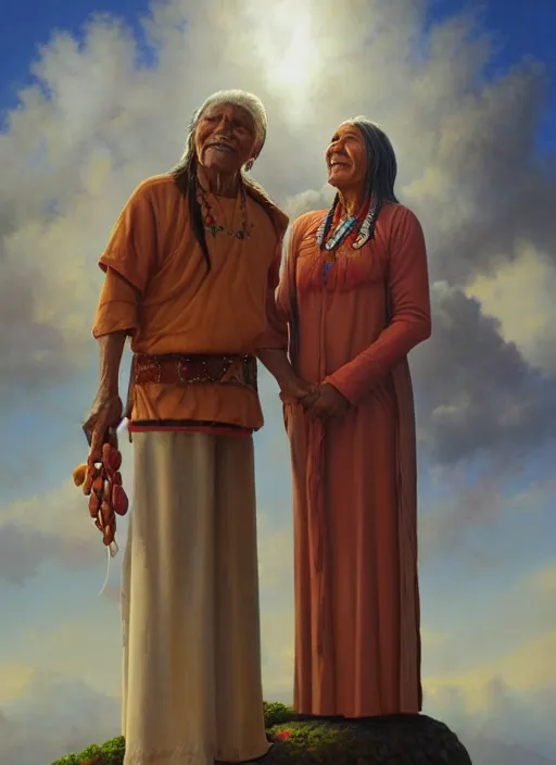 Prompt: portrait of an indigenous grandfather and grandmother in the clouds, smiling, protection, benevolence, ancestors, art by christophe vacher