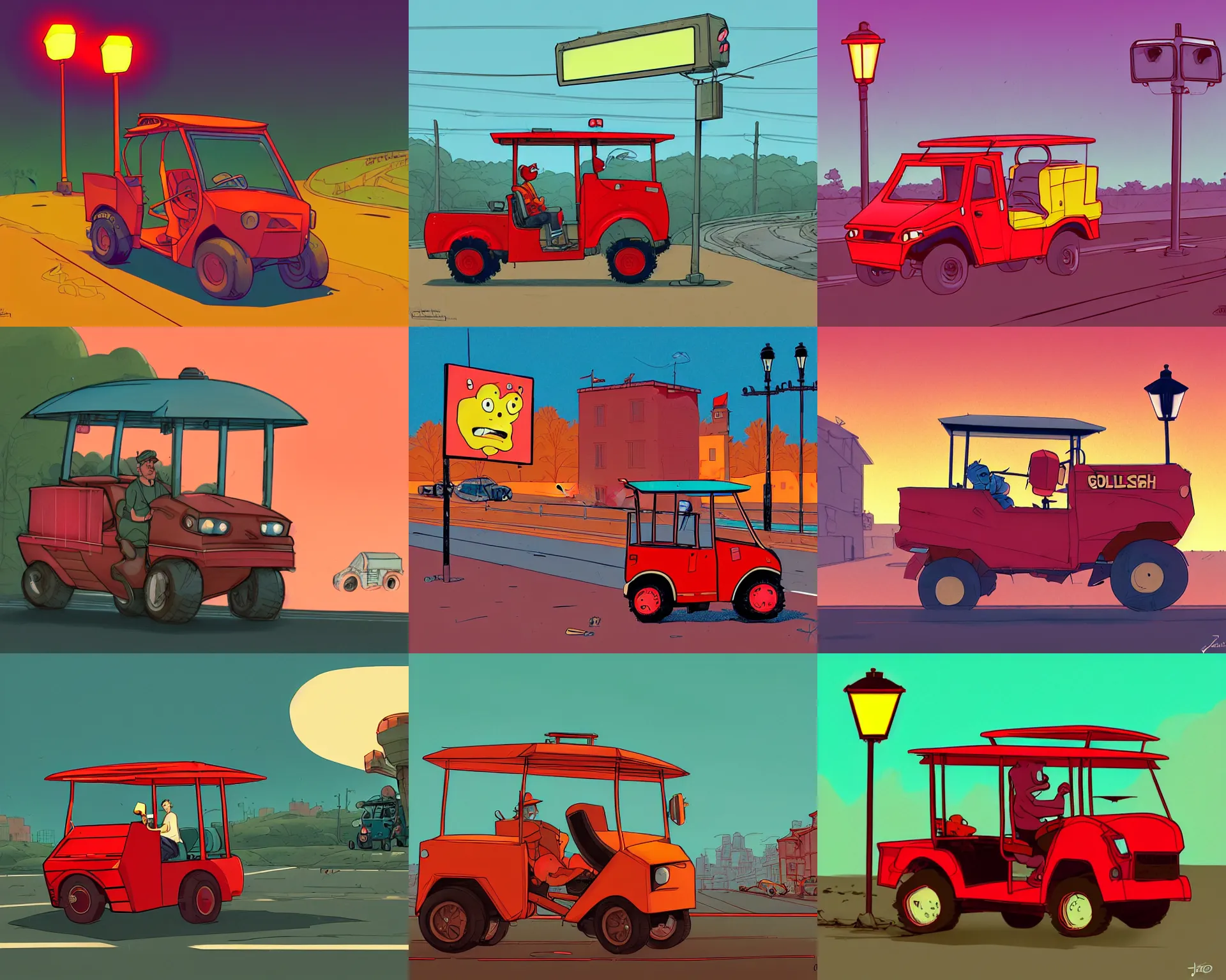 Prompt: a study of cell shaded cartoon of a red golfcart sized bulldozer on a country road, street lamps, road, illustration, wide shot, subtle colors, post grunge, concept art by josan gonzales and wlop, by james jean, Victo ngai, David Rubín, Mike Mignola, Laurie Greasley, highly detailed, sharp focus, alien, Trending on Artstation, HQ, deviantart, art by artgem