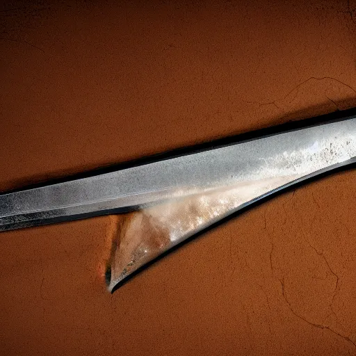 Prompt: generate a sharp fine sword, well worked, rusty, edge rusty, dark, tint, post denoised, 4 k textured, macro zoom, dynamic lighting