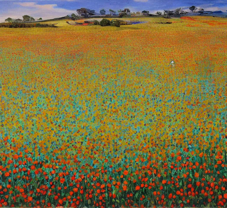 Image similar to highly detailed oil painting of a field of flowers painted by salvador dali