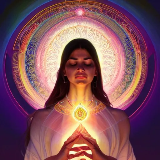 Image similar to a woman in deep meditation, chakras emiting mystical colored light, intricate, elegant, highly detailed, my rendition, digital painting, artstation, concept art, smooth, sharp focus, radiant light, illustration, art by artgerm and greg rutkowski and alphonse mucha