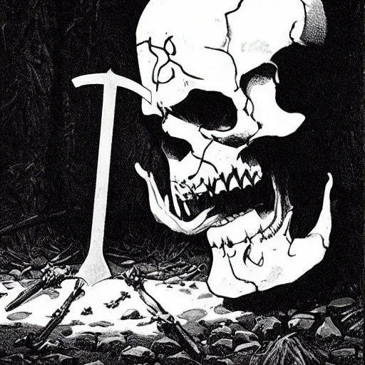 Image similar to A sword stuck in the ground, with a skull lying next to it. Close Up Shot, Dark Fantasy, Film Noir, Black and White. High Contrast, Mike Mignola, D&D, OSR