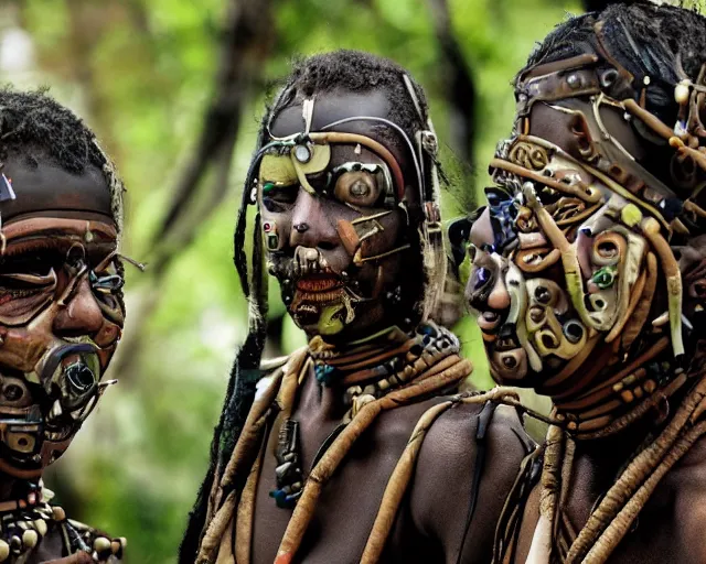 Image similar to a tribe of isolated cyborgs photographed by national geographic