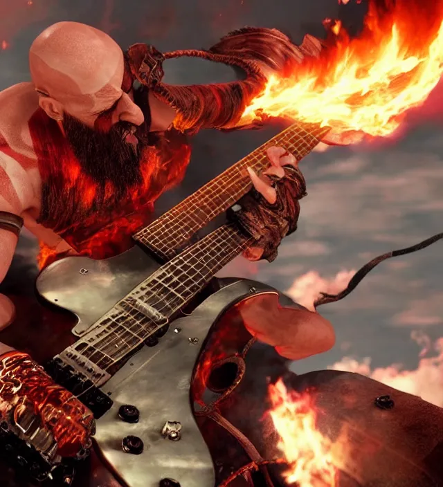 Image similar to screaming kratos shredding on a flaming stratocaster guitar, cinematic render, god of war 2 0 1 8, santa monica studio official media, lightning, stripe over eye