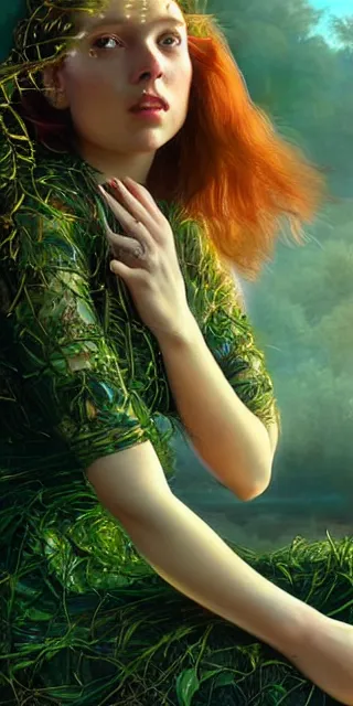 Prompt: an marveled young woman surrounded by golden firefly lights in a mesmerizing scene, sitting amidst nature fully covered, intricate detailed dress, long loose red hair, precise linework, accurate green eyes, small nose with freckles, smooth oval head, expressive emotions, hyper realistic ultrafine portrait by artemisia gentileschi, jessica rossier, artgerm