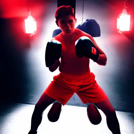 Image similar to photo of wolf wearing boxing gloves in fighter stance, dark room, red lighting,