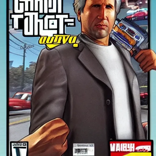 Prompt: Chevy Chase on a cover for a Gta Game