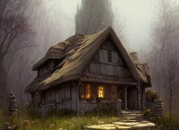 Image similar to The cottage of a witch, a fantasy digital painting by Greg Rutkowski and James Gurney, trending on Artstation, highly detailed