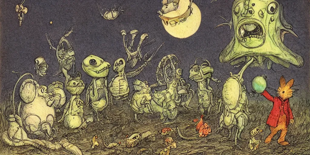 Image similar to alien invasion, illustrated by peggy fortnum and beatrix potter and sir john tenniel