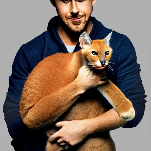 Image similar to Ryan Gosling holds a caracal cat in his hands, ultra highly detailed, smooth, sharp focus, elegant, artstation