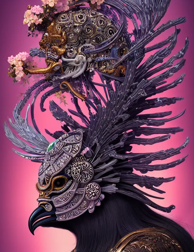 Image similar to 3 d goddess close - up profile portrait ram skull. beautiful intricately detailed japanese crow kitsune mask and clasical japanese kimono. betta fish, jellyfish phoenix, bio luminescent, plasma, ice, water, wind, creature, artwork by tooth wu and wlop and beeple and greg rutkowski