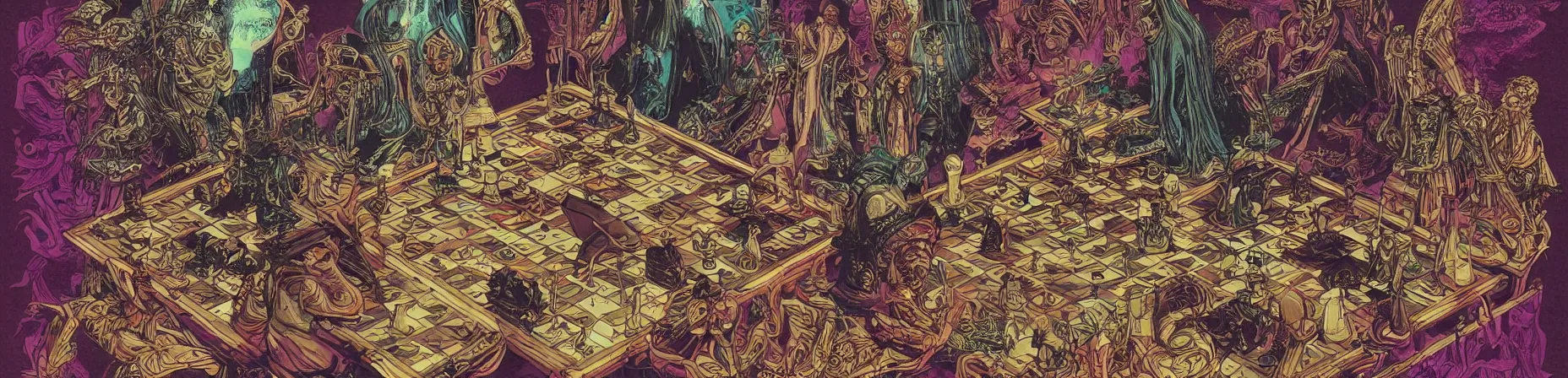 Image similar to chess set, taro deck card king and psychedelic grainshading print by moebius, richard corben, wayne barlowe, cyberpunk comic cover art, psychedelic triangular skeleton, very intricate, thick outline, full body, symmetrical face, long black crown, in a shapes background, galactic dark colors