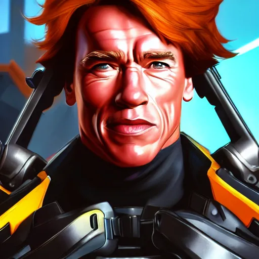 Image similar to a screenshot of arnold schwarzenegger as tracer in overwatch, portrait, fantasy, beautiful face, vivid colors, elegant, concept art, sharp focus, digital art, hyper - realistic, 4 k, unreal engine, highly detailed, hd, dramatic lighting by brom, trending on artstation